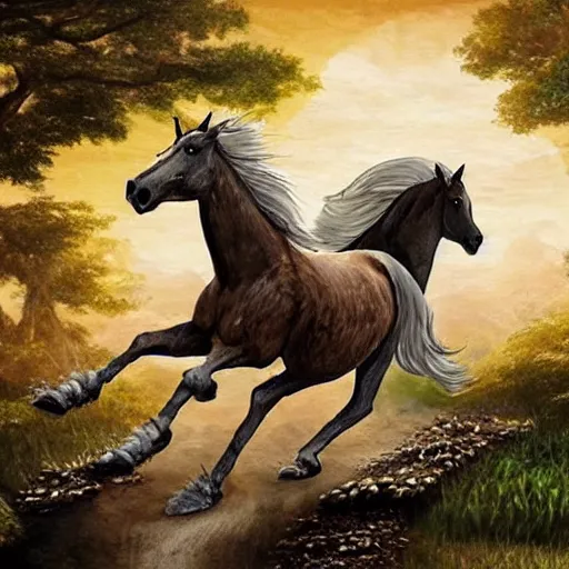 Prompt: horses made out rice galloping through the wilderness, style of Magic the Gathering, fantasy art