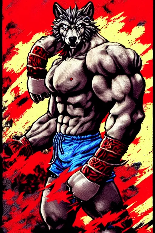 Image similar to extreme long shot. 8 bit nes graphics. antropomorphic muscular masculine wolf. kickboxer fighter, in shorts. wolf head. fine details, very sharp, art from nes game cartridge, 8 0's, vhs artefacts, vaporwave style, marc simonetti and hermann nitsch. streetfighter