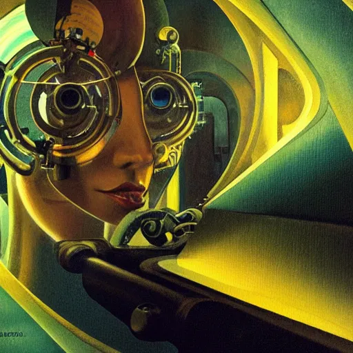 Prompt: detailed face of a clockwork biomechanical woman, moment, undersea glass tunnel, electronic billboards, tech noir, wet reflections, prism, atmospheric, ambient, pj crook, syd mead, livia prima, greg rutkowski, edward hopper