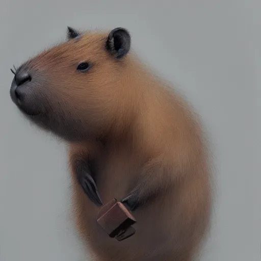 Image similar to detailed photorealistic painting of a cute capybara holding a chess pawn, sharp focus in the style of ruan jia, Mandy jurgens, cinematic light, concept art, trending on artstation, ultra realistic