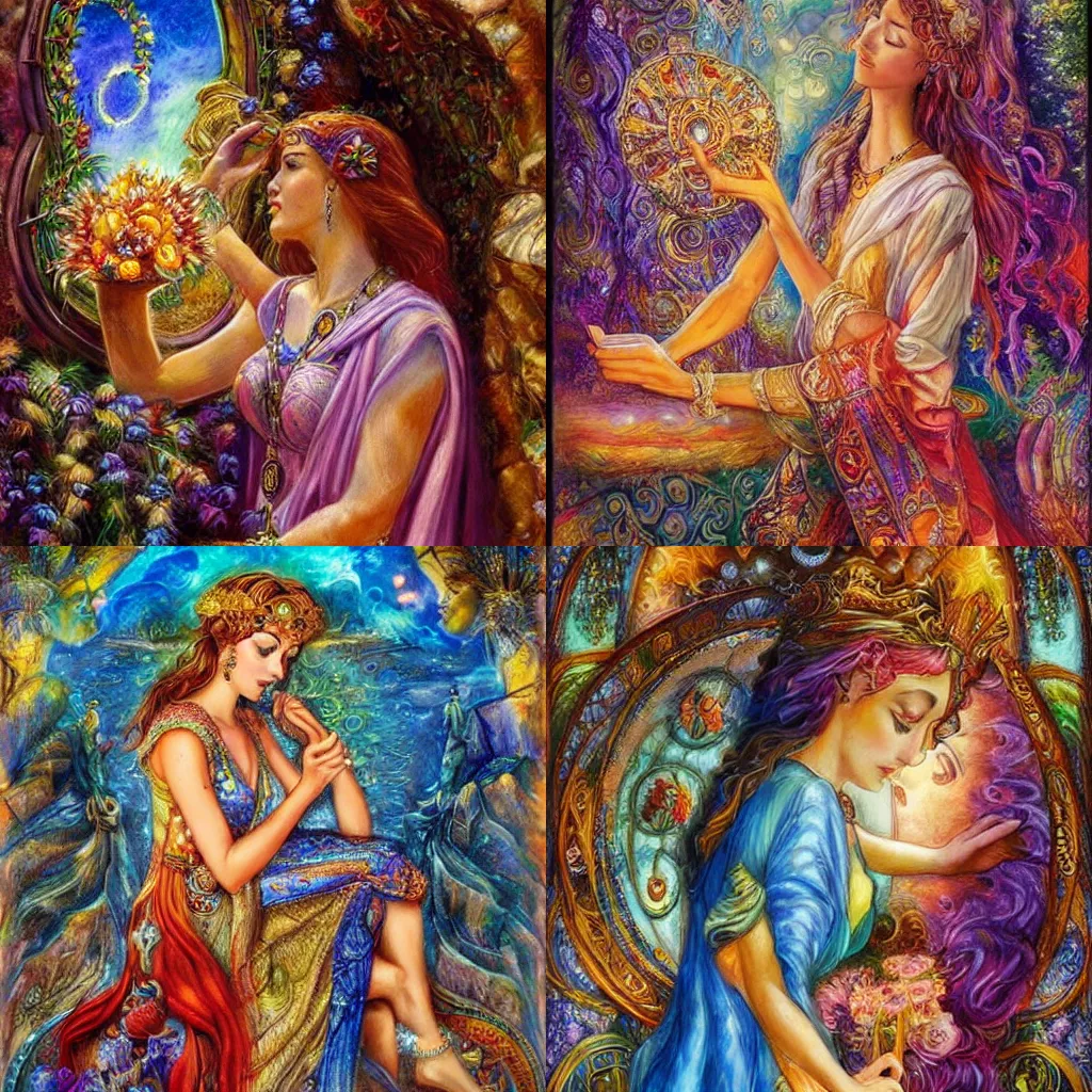 Image similar to goddess checking her phone, by josephine wall, trending on artstation, amanda sage