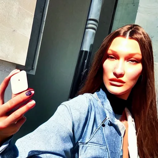 Prompt: bella hadid taking a selfie with her favorite food, very detailed, photorealistic, dynamic light, iphone 1 3