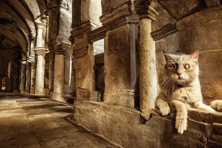 Prompt: ancient cathedral of forgotten cat people, national geographic, strong perspective, sacred perfect lighting,