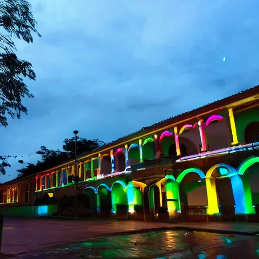 Prompt: Universidad del Quindio with neon lights at night with sky full of stars