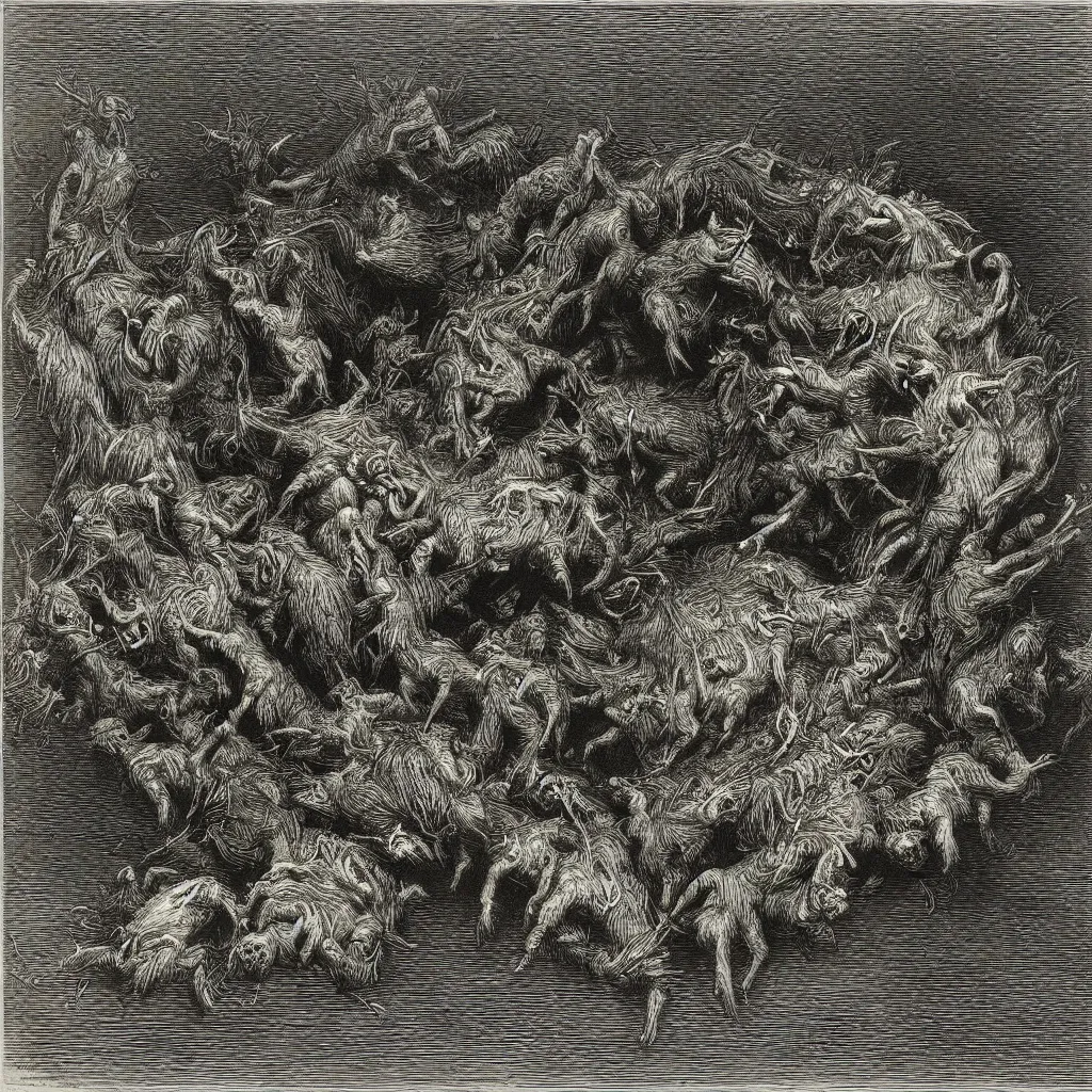 Prompt: hedgehogs biting each other, etching, engraving, Gustave Doré