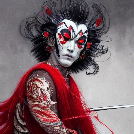 Image similar to an epic portrait of insane kabuki male wielding a spear covered in a distorting aura, intricate hakama, poofy red wig, eerie, highly detailed, dark fantasy, art by artgerm and greg rutkowski