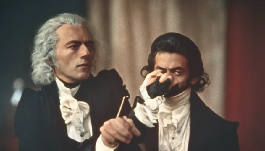 Image similar to 1 9 7 0 s movie still of maximilien de robespierre, cinestill 8 0 0 t 3 5 mm, high quality, heavy grain, high detail, cinematic composition, dramatic light, anamorphic, ultra wide lens, hyperrealistic