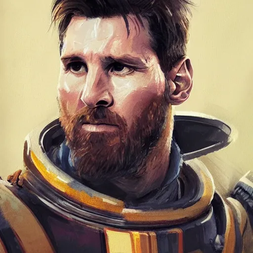 Prompt: portrait of lionel messi by greg rutkowski, space marine commander, messy blond hair, beard, tall and muscular, star wars expanded universe, he is about 3 0 years old, wearing a flying jacket, distrustful and arrogant, highly detailed portrait, digital painting, artstation, concept art, smooth, sharp foccus ilustration, artstation hq