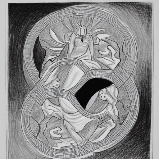 Prompt: a drawing of a woman giving birth to emercging yin - yang daoist symbol, black and white detailed pencil drawing dao