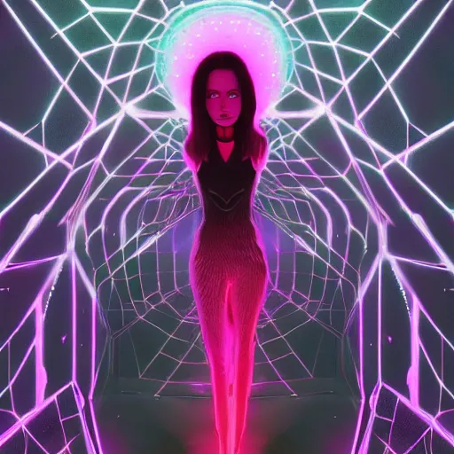 Image similar to long Shot of psychedelic Black widow standing in mysterious chromatic astral temple , stylish, lsd, soft, behance, cinematic, artwork by WLOP