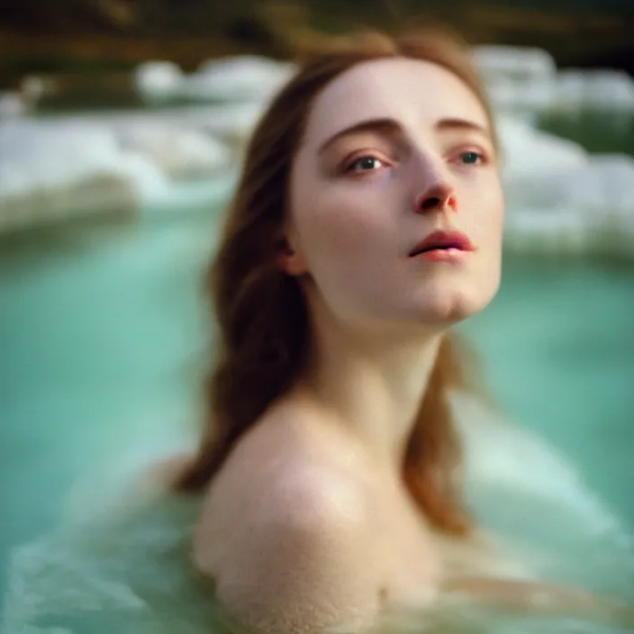 Image similar to Kodak Portra 400, 8K,ARTSTATION, CarolineGariba, soft light, volumetric lighting, highly detailed, britt marling style 3/4 ,portrait photo Close-up portrait photography of a beautiful woman how pre-Raphaelites, the face emerges from Pamukkale, thermal waters flowing down white travertine terraces, inspired by Ophelia paint ,and hair are intricate with highly detailed realistic beautiful flowers , Realistic, Refined, Highly Detailed, interstellar outdoor soft pastel lighting colors scheme, outdoor fine art photography, Hyper realistic, photo realistic