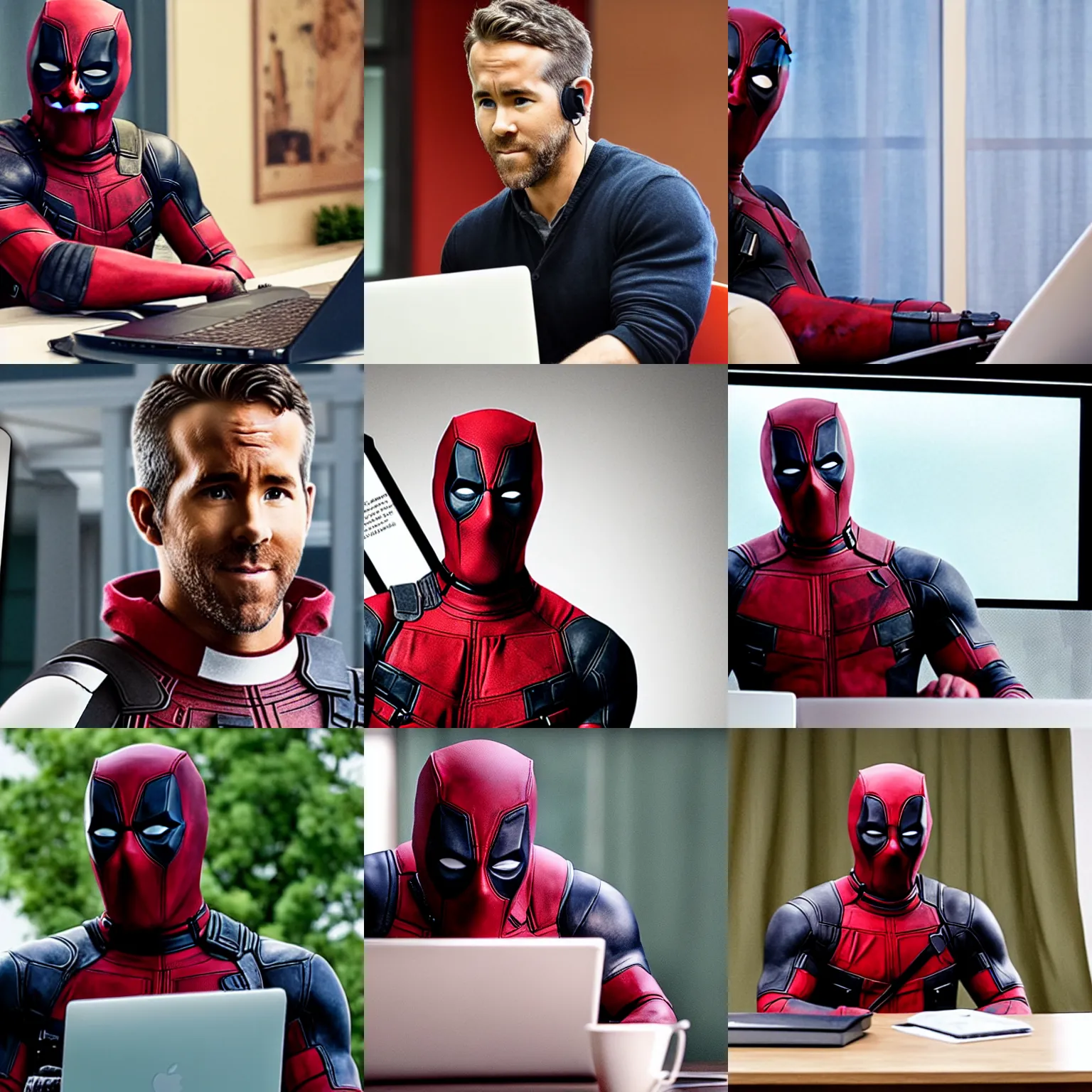 Prompt: ryan reynolds as deadpool browsing discord on his laptop, photograph