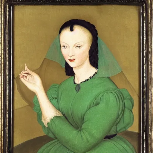 Prompt: a renaissance oil painting of a portrait of a young woman from the fifties, without eyebrows, seated in front of a landscape, wears a dark green dress, with yellow sleeves, with gold interlacing and embroidery at the neckline, a translucent black veil covers the finely curly hair, her arms are bent and her hands crossed