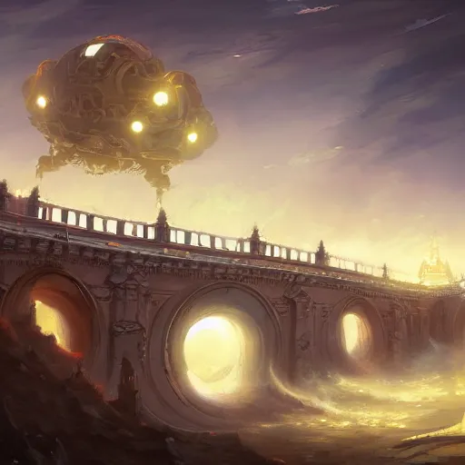 Image similar to A rococo spaceship above the Golden Bridge, by andreas rocha, featured on artstation