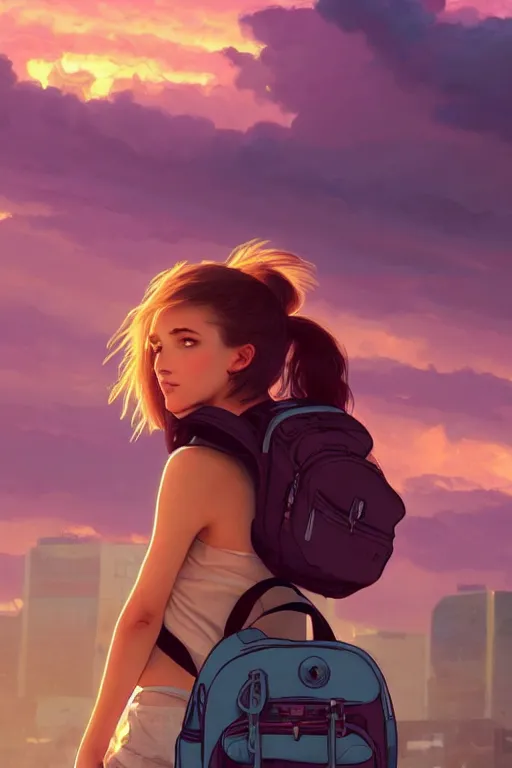 Prompt: beauty teenage girl minishort with backpack looking at food at garbage dump, destroyed cars, city is pure wasteland, moody sunset background, rays of sunlights, ( ( ( rainbow ) ) ), high details, sharp, photorealism, cinematic, greg rutkowski, alphonse mucha, trending on artstation, artgerm, unreal engine, highly detailed