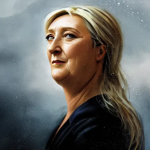 Image similar to Portrait of Marine le Pen , french revolution, amazing splashscreen artwork, splash art, head slightly tilted, natural light, elegant, intricate, fantasy, atmospheric lighting, cinematic, matte painting, detailed face, by Greg rutkowski