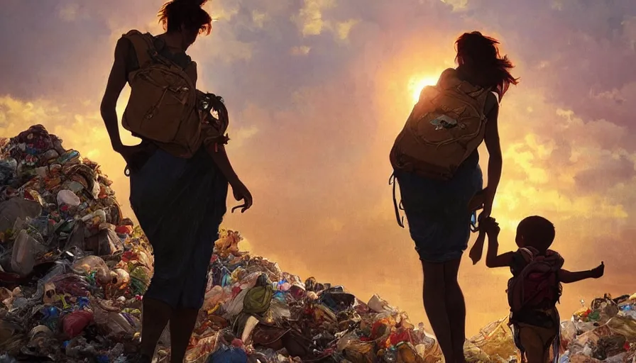 Prompt: mom with child wearingbackpack exploring the garbage dump, city is pure wasteland, sunset in background, detailed characters, alphonse mucha, greg rutkowski, trending on artstation, artgerm, breathtaking, sharp focus, smooth, mark arian, award winning, highly detailed 4 k art