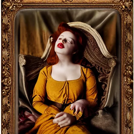 Image similar to preraphaelite photography reclining on bed, a hybrid of judy garland and lady gaga, aged 2 5, big brown fringe, yellow ochre ornate medieval dress, 4 k