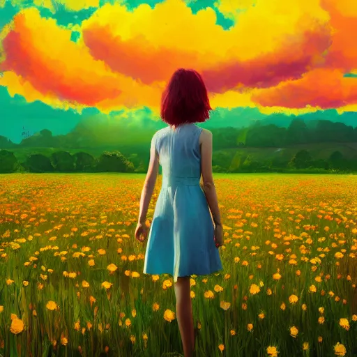 Image similar to giant daisy flower head, full body girl standing in a flower field, surreal photography, sunrise, dramatic light, impressionist painting, colorful clouds, digital painting, artstation, simon stalenhag