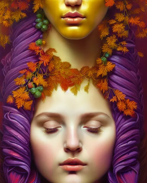 Prompt: portrait of the beautiful young goddess of grapes, unusual beauty, etheric, outworldly colours, emotionally evoking symbolic metaphors, head in focus, ornamental, intricate, elegant, highly detailed hyperrealistic painting, golden ratio, sharp focus, art by sarah joncas,