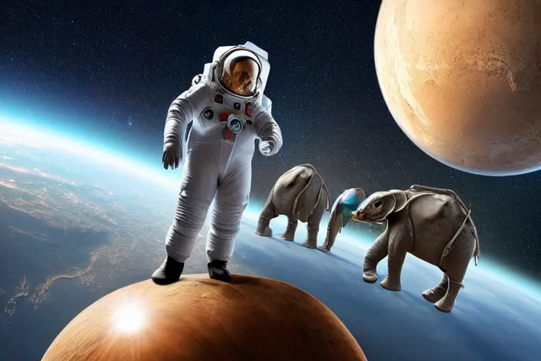 Image similar to still fullbody photo of sad albert einstein in spacesuit in space, flat earth on elephants and turtle at background, highly detailed, photorealistic shot, bright studio setting, studio lighting, crisp quality and light reflections, unreal engine 5 quality render