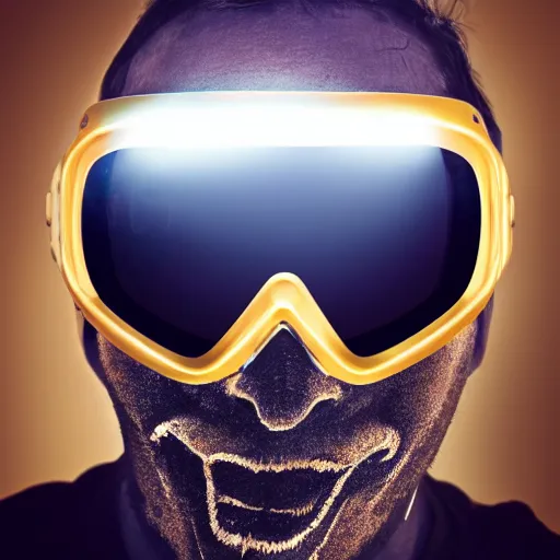 Image similar to mysterious figure with glowing dust as skin wearing ski goggles, steampunk