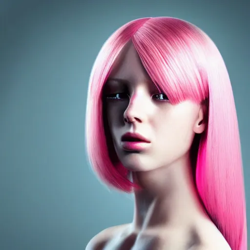 Prompt: « a realistic android female sexy, beautiful face, pink hair, middle length hair, half cyborg »