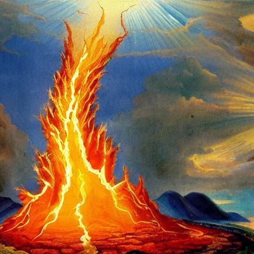 Prompt: the creation of a volcano, divine inspired painting, masterpiece, intricate details, incredible painting