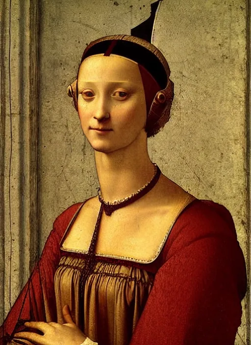 Prompt: portrait of young woman in renaissance dress and renaissance headdress, art by leonardo da vinci