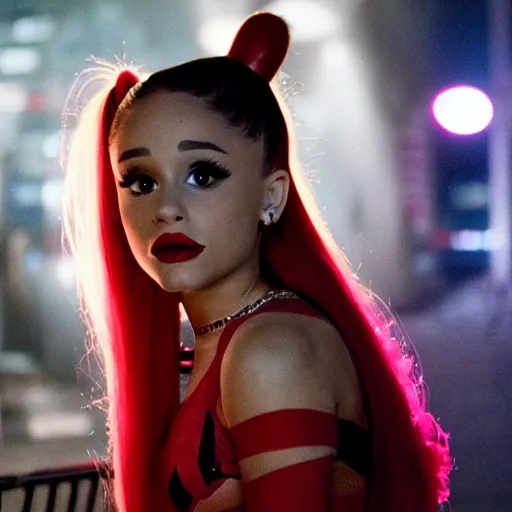 Prompt: Ariana Grande as real-life Harley Quinn, cinematic, Wide-shot, atmospheric lighting, directed by Ti West, extreme detail, 8K, movie still