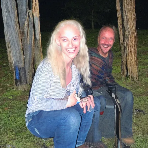 Image similar to photo of hillbilly smiling with long blonde hair near a bonfire