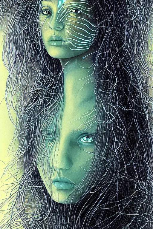 Prompt: dark underwater portrait of a Bioluminescent woman, with reaction diffusion semi-transparent skin. face closeup. long intricate dark hair, with jellyfish. very high detail, illustration, by alex grey