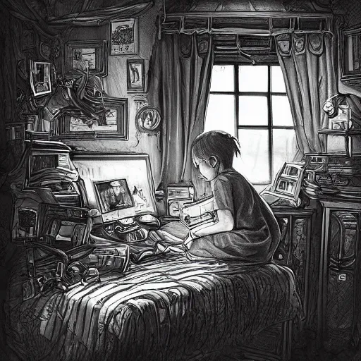 Image similar to a black and white photo, a child sits in a cluttered bedroom, in front of a computer, as their imagination spills onto the screen ond out the other side into a wave of color and magic, detailed intricate ink illustration, dark atmosphere, detailed illustration, hd, 4k, digital art, overdetailed art, concept art, by greg rutkowski, by loish, complementing colors, Trending on artstation, deviantart