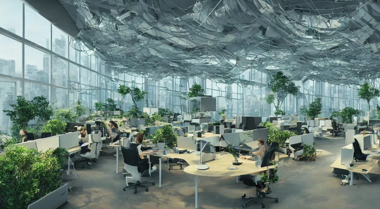 Image similar to futuristic open office with parks and plants, glowing computer screens, bright with large windows and voluminous light and light rays, extremely intricate, very detailed, artstation, octane render, warm color highlights, cinematic lighting