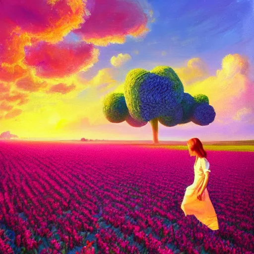 Image similar to giant flower as a head, girl walking in flower field, surreal photography, sunrise, dramatic light, impressionist painting, colorful clouds, digital painting, artstation, simon stalenhag