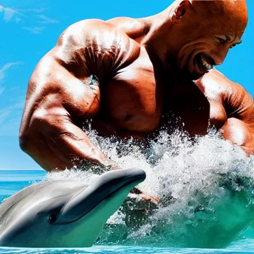 Prompt: Dwayne Johnson with muscles beating up a flipper dolphin, exterior, strong, hyperrealistic, photography