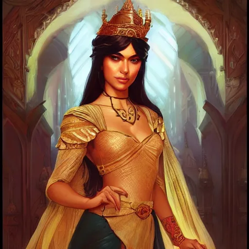 Image similar to indo-persian princess, D&D, painted fantasy character portrait, highly detailed, digital painting, artstation, concept art, sharp focus, illustration, art by artgerm and greg rutkowski and alphonse mucha