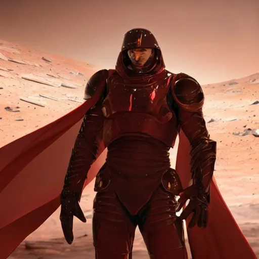 Image similar to a tall muscular soldier, wearing blood - spattered glossy sleek white dinged scuffed armor and a long torn red cape, heroic posture, battle - weary, strained expression, determined expression, no helmet, on the surface of mars, dramatic lighting, cinematic, sci - fi, hyperrealistic, detailed