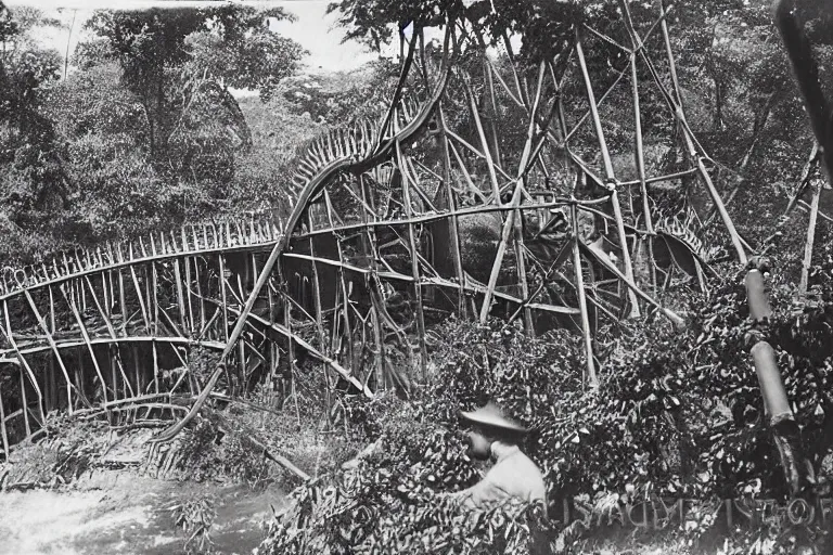 Image similar to a 1 9 0 5 colonial closeup photograph of a rollercoaster in a village at the river bank of congo, thick jungle, wide angle shot