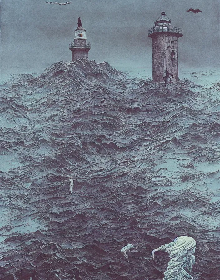 Image similar to worshippers in robes belonging to the cult of the lighthouse standing in waves with ravens flying overhead, a lighthouse, ravens, high detailed beksinski painting, part by adrian ghenie and gerhard richter. art by takato yamamoto and gerald scarfe. masterpiece, dark and moody, deep colours, blue