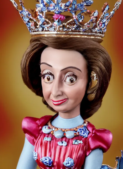 Prompt: closeup face profile portrait of tin toy nancy pelosi as a fairytale princess wearing a crown eating cakes, bikini, depth of field, zeiss lens, detailed, symmetrical, centered, fashion photoshoot, by nicoletta ceccoli, mark ryden, lostfish, breathtaking, 8 k resolution, extremely detailed, beautiful, establishing shot, artistic, hyperrealistic, octane render