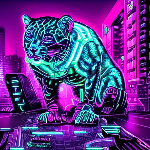 Prompt: a neon cyberpunk cyborg jaguar