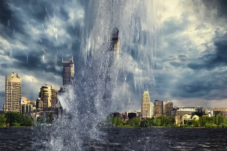 Prompt: water tornado in the city, ultra realistic, photorealistic, highly detailed, sharp focus, vivid, colorful