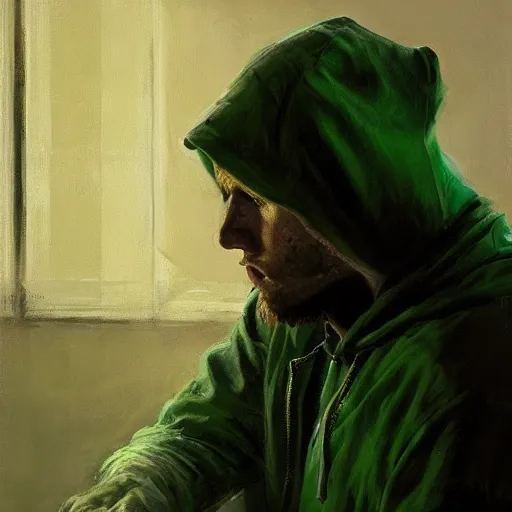 Image similar to portrait of a lost chad programmer with green hood by jeremy mann, dramatic lighting, close up