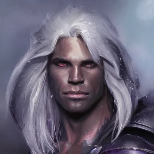 Image similar to closeup portrait drizzt do'urden, black skin, drow, lavender eyes, dungeons and dragons character, castle background, gorgeous view, realistic, high detail, digital art, painted by greg rutkowski, painted by jeremy mann, trending on artstation