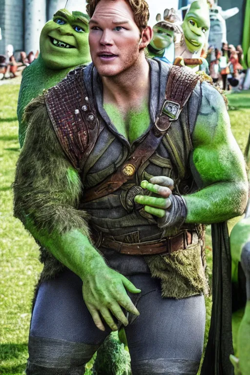 Prompt: Chris Pratt as Shrek in live action adaptation, green skin, set photograph in costume, cosplay