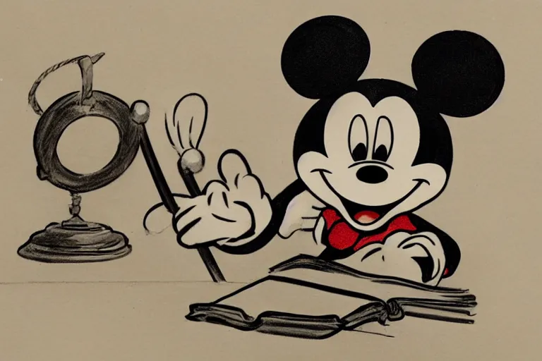 Image similar to courtroom sketch of vintage disney character mickey mouse presenting evidence of copyright infringement to the judge bench court room wooden serious dark tone