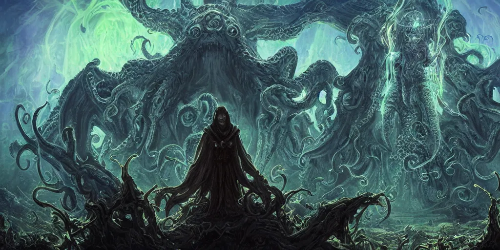 Image similar to portrait of necromancer priest in an invoking ritual in front of a giant cthulhu in a large landscape, intricate, elegant, glowing lights, highly detailed, digital painting, concept art, smooth, sharp focus, illustration, wide - angle portrait, atmospheric lighting, rich deep colors masterpiece, fractal crystals