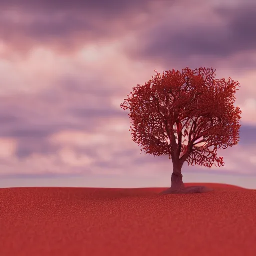 Image similar to Red sand desert,tree,cloudy,windy,dusk,cinematic composition,cinematic lighting,photo real,hyper realistic,highly detailed,8k render