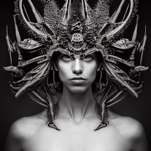 Image similar to a portrait of female model by stefan geselle and nekro borja, photorealistic, intricate details, hyper realistic, dark fantasy, ornate headpiece, dark beauty, photorealistic, canon r 3, photography, wide shot, photography, dark beauty, symmetrical features, wide angle shot, whole body, full body shot, 3 / 4 shot